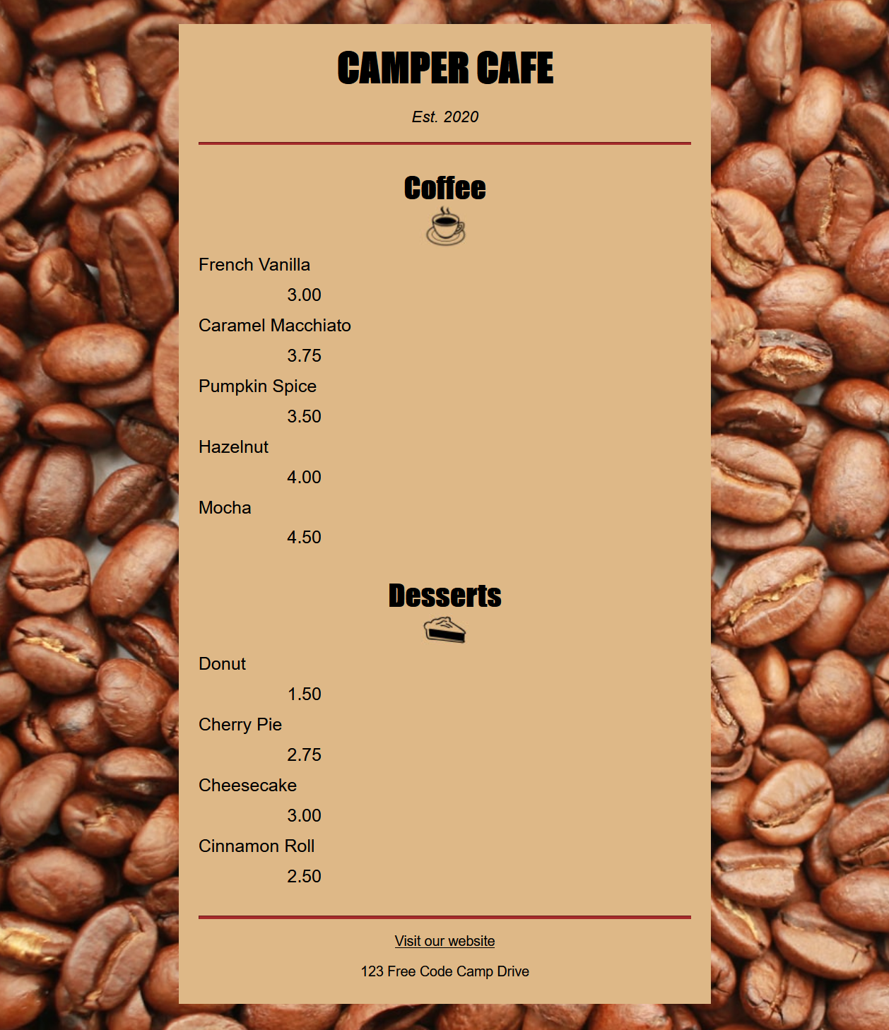 Coffee shop menu preview