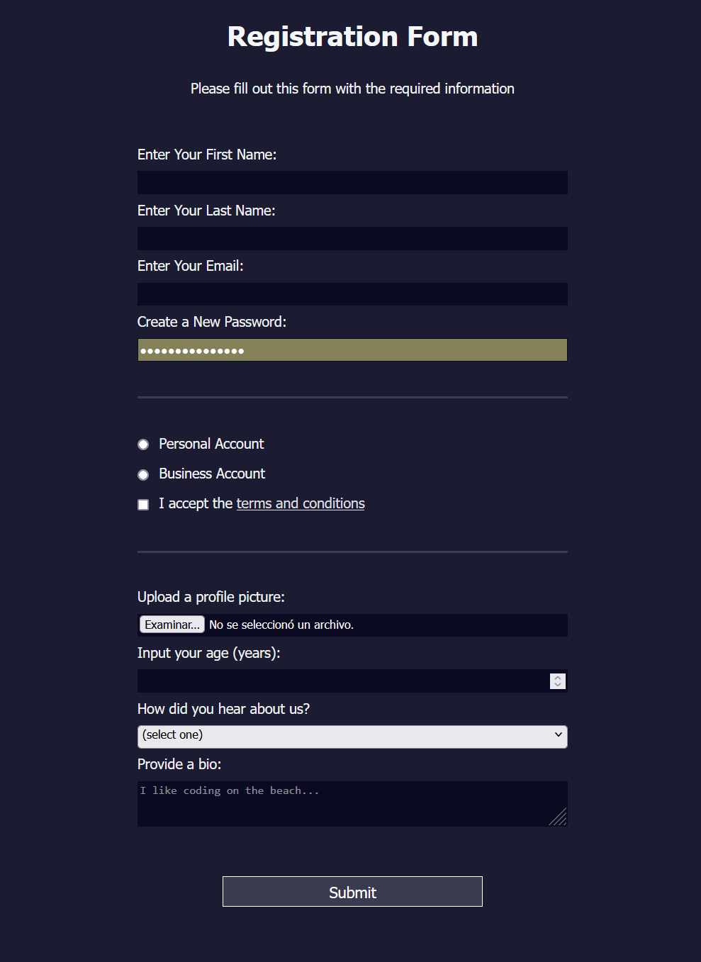 Registration Form preview